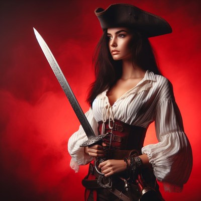 Woman in pirate costume holding sword
