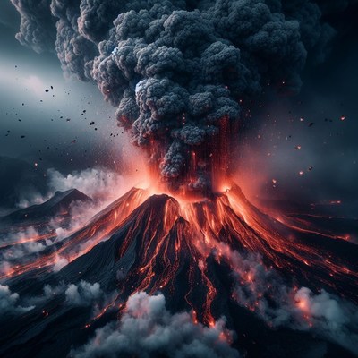 Volcano eruption with ash cloud