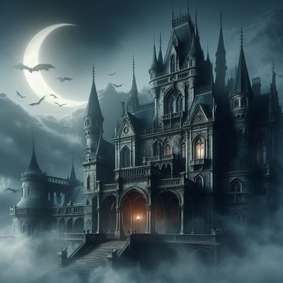 Gothic mansion under crescent moon