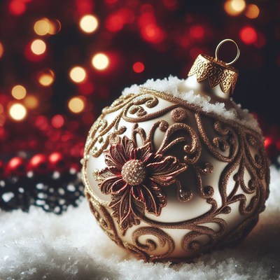 Ornate christmas ornament in snow