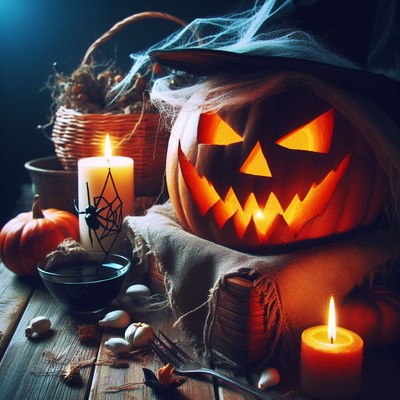 Jack-o'-lantern with witch hat and candles