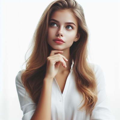 Woman in white shirt thinking