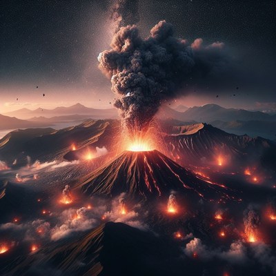 Volcano erupting at night