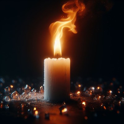 Single candle burning in darkness