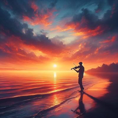 Violinist at sunset beach
