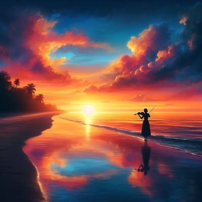 Sunset violinist on tropical beach
