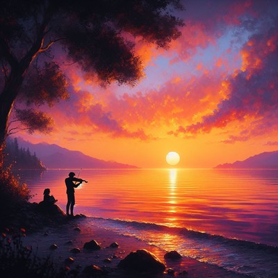 Sunset violinist on the shore