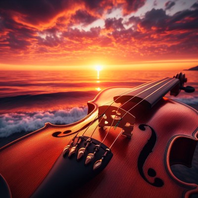 Violin at sunset on the beach