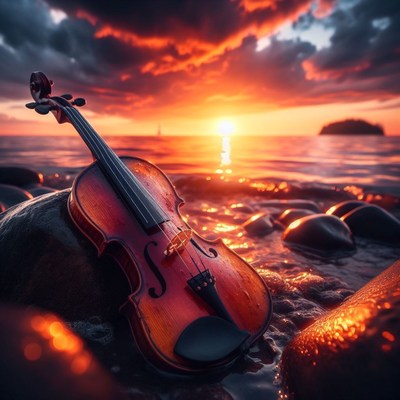 Violin at sunset on the beach