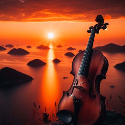 Violin at sunset over islands