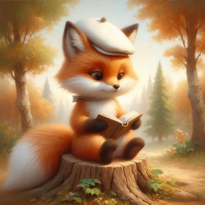 Fox reading on tree stump