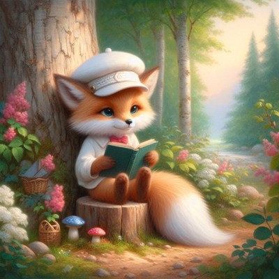 Fox reading in forest clearing