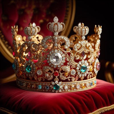 Jeweled crown on red velvet pillow