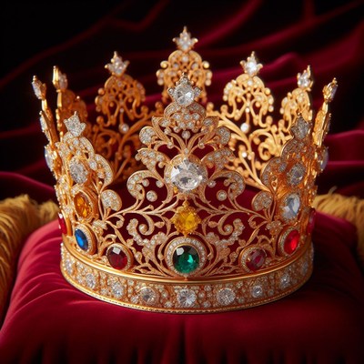 Gold crown with gemstones on red velvet