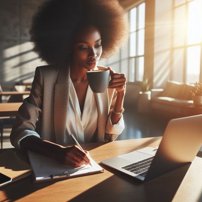 Woman working in cafe