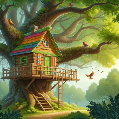 Colorful treehouse in forest