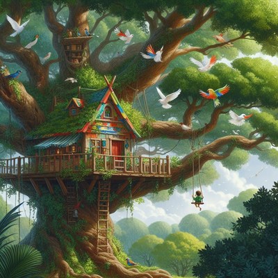 Child swinging in treehouse