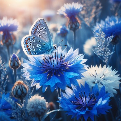 Butterfly on blue flowers