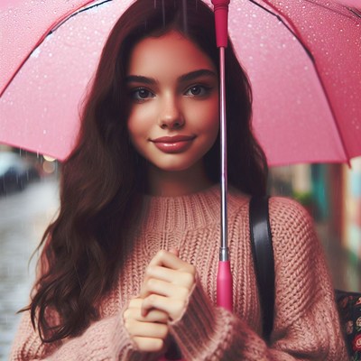 Woman with pink umbrella in the rain