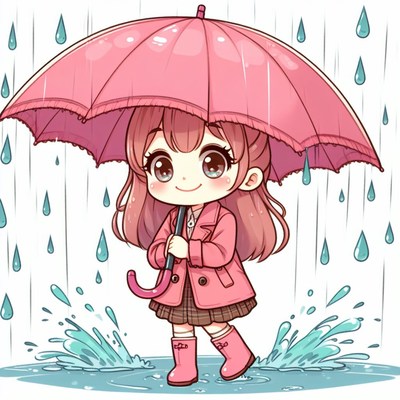 Girl walking in the rain with pink umbrella