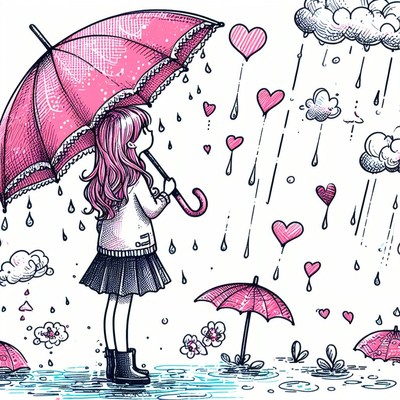 Girl holding pink umbrella in heart rain