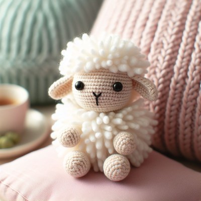 Crochet lamb sitting on pillow