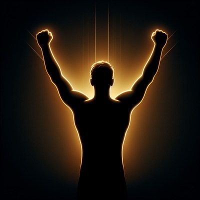 Silhouette of a man raising his arms in victory