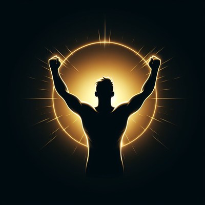 Silhouette of man with raised arms in light