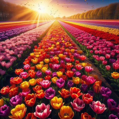 Colorful tulip field at sunset