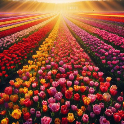 Colorful tulip field at sunset