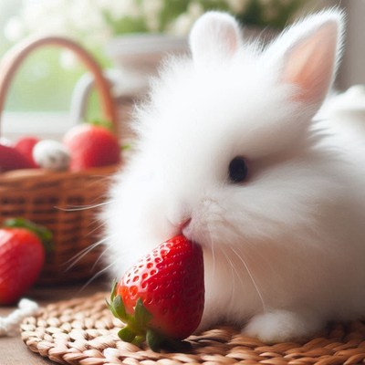 White bunny eating strawberry