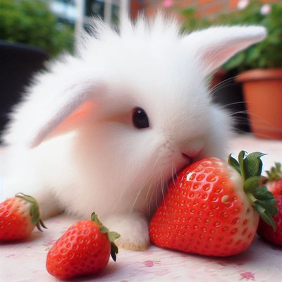 White bunny eating strawberries