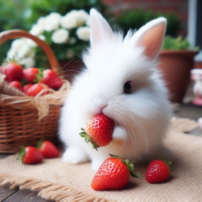 White rabbit eating strawberries