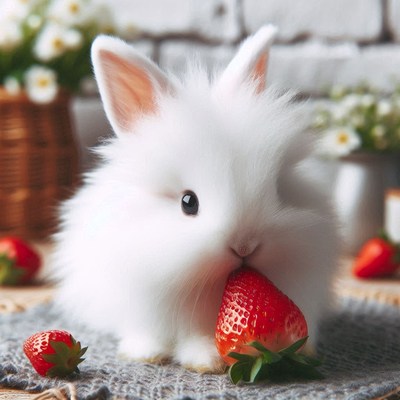White bunny eating strawberry