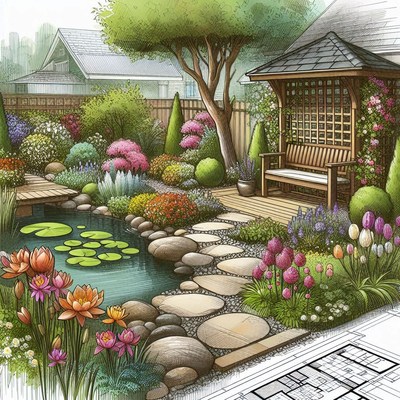Backyard pond and garden design