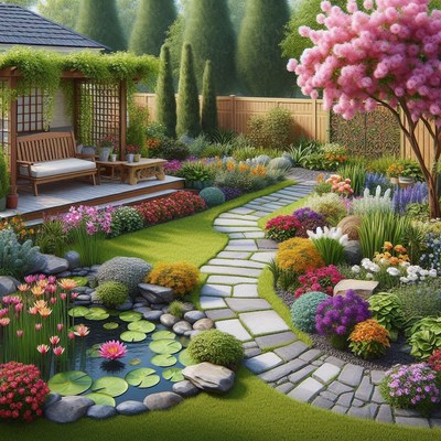 Stone pathway through lush garden