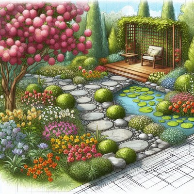 Garden design with pond and stone path