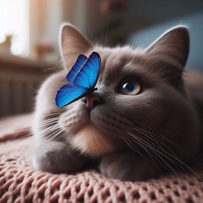 Grey cat with blue butterfly