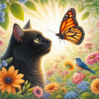 Black cat and butterfly in garden