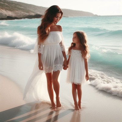 Mother and daughter walking on sandy beach