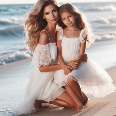 Mother and daughter in white dresses on beach
