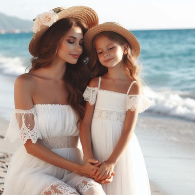 Mother and daughter in white dresses on beach