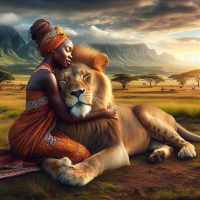 Woman embracing lion in african savanna