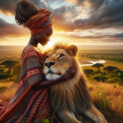 Woman and lion at sunset