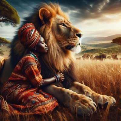 Woman and lion in african savanna