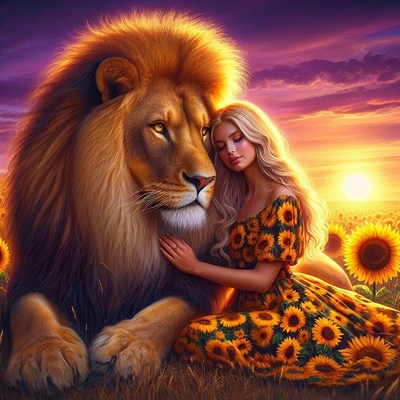 Lion and woman sunset