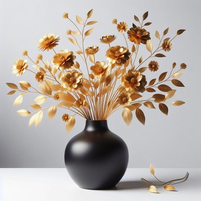 Golden flower arrangement in black vase