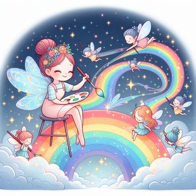 Fairy painting rainbow at night