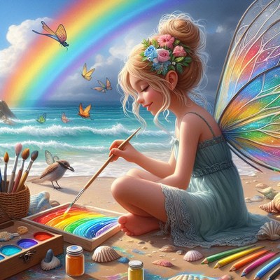 Fairy paints beach rainbow