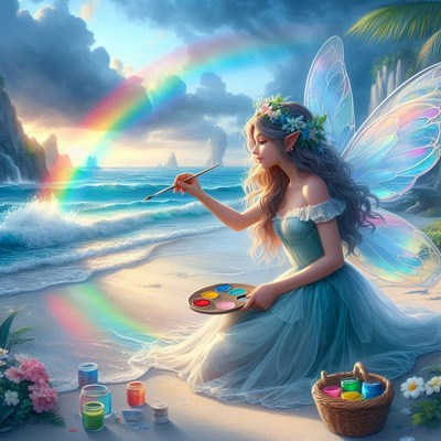 Fairy painting rainbow on beach